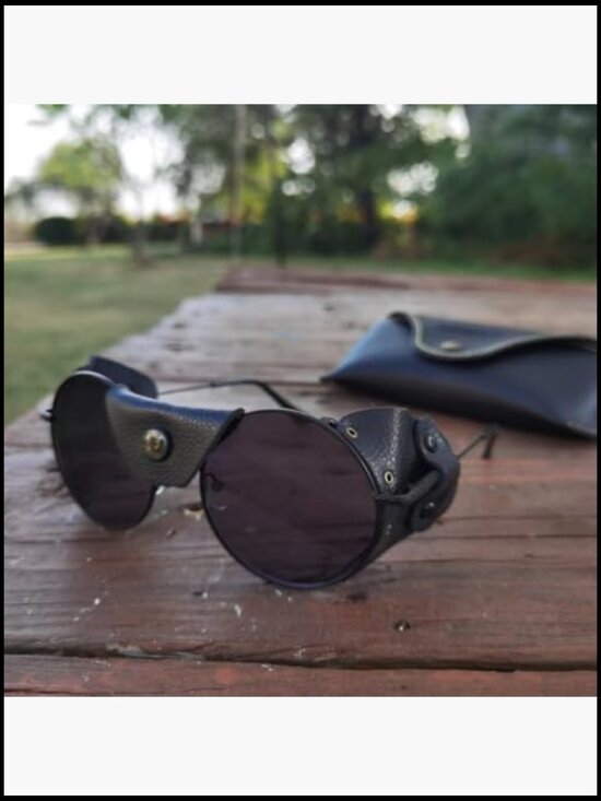 Retro Round Sunglasses with Leather Side Shields - Metal Frame UV Protection